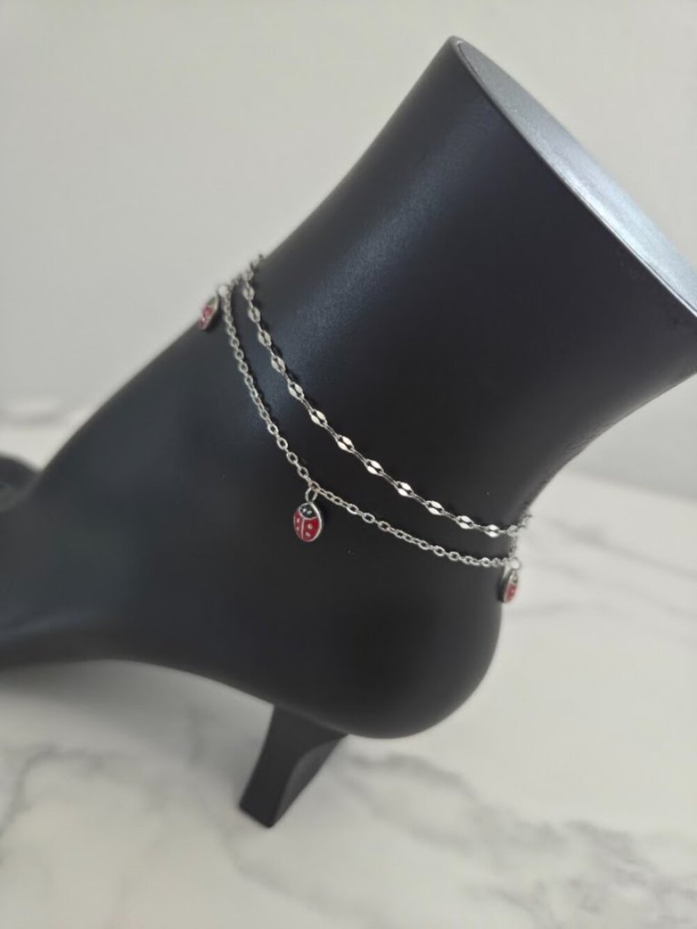 Dainty Ladybug Double Chain Anklet Silver Tone Minimalist Summer Jewelry - Picture 12 of 15